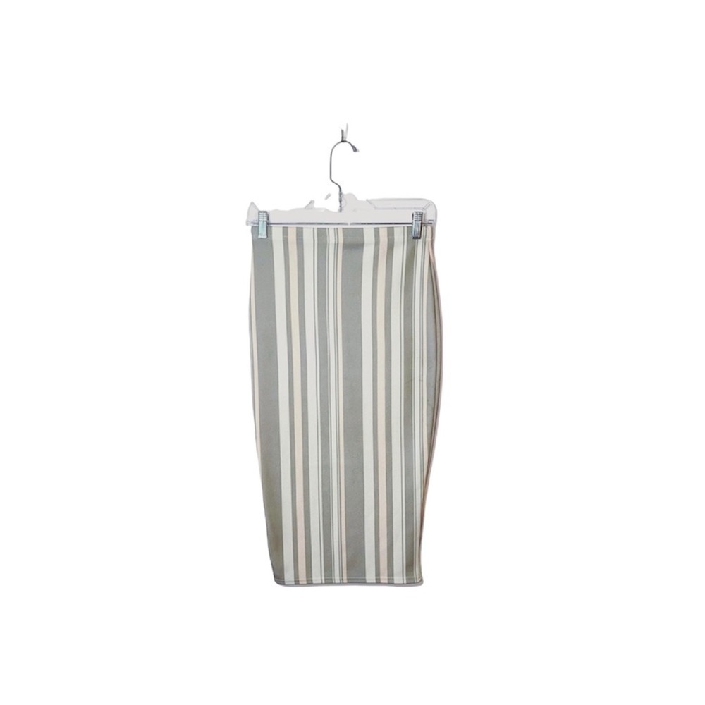 Boohoo Striped Bodycon Midi Skirt Beige White High Rise Light Pink Fitted Size 4